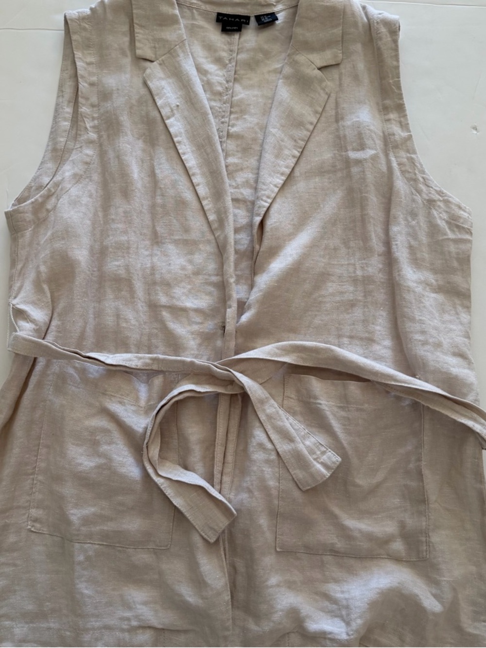 Tahari Linen Open Front Vest in Light Beige